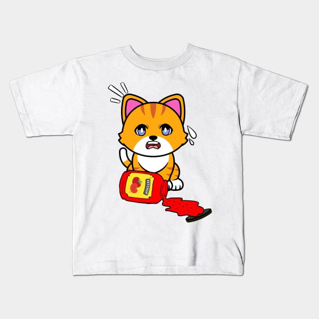 Funny orange cat spilled tomato ketchup Kids T-Shirt by Pet Station